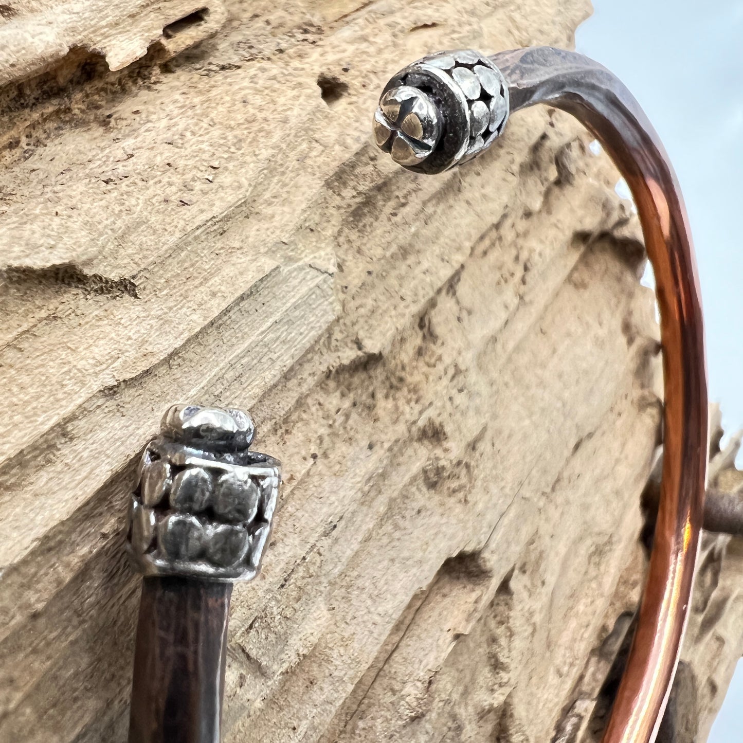 Copper Cuff Bracelet with Silver Barrel Ends