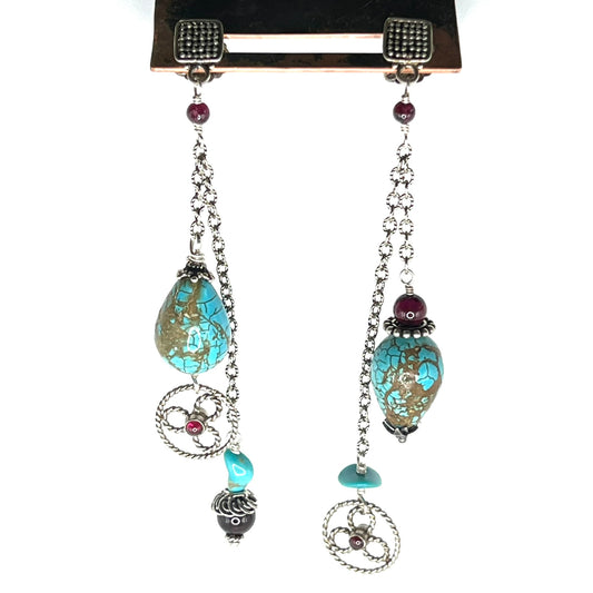 Long Dangle Earrings with Turquoise Drops and Garnet Ruedas
