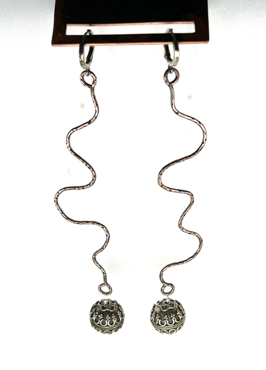 Long Copper Squig Earrings with Bali Ball