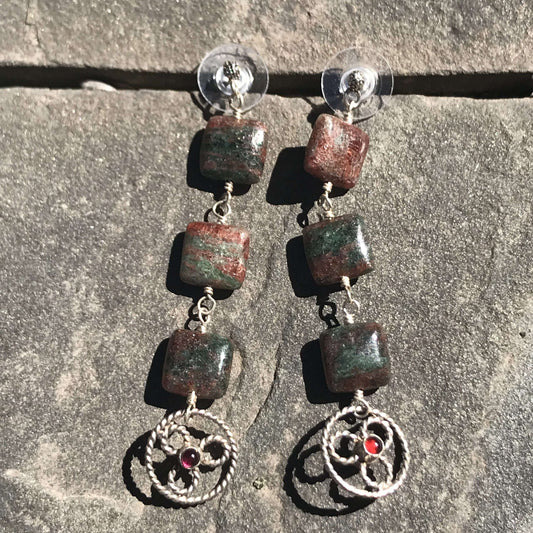 Garnet Wheel Earrings with Chain of Squares