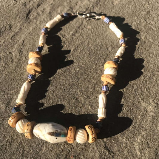 Inlaid Conch Shell, Bone and Tradebead Necklace